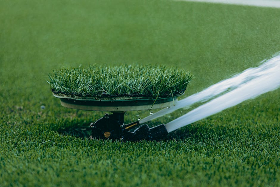 Lawn sprinkler system watering fresh green grass